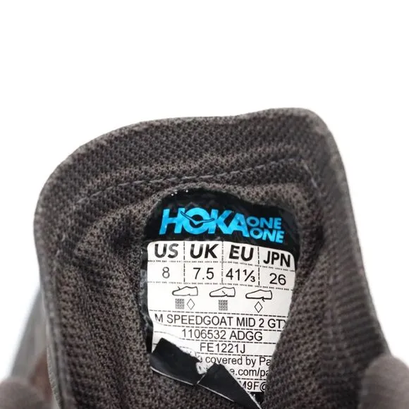 Hoka One Speedgoat Mid 2 GTX Mens 8 Gray Black Waterproof Megagrip Hiking Boots