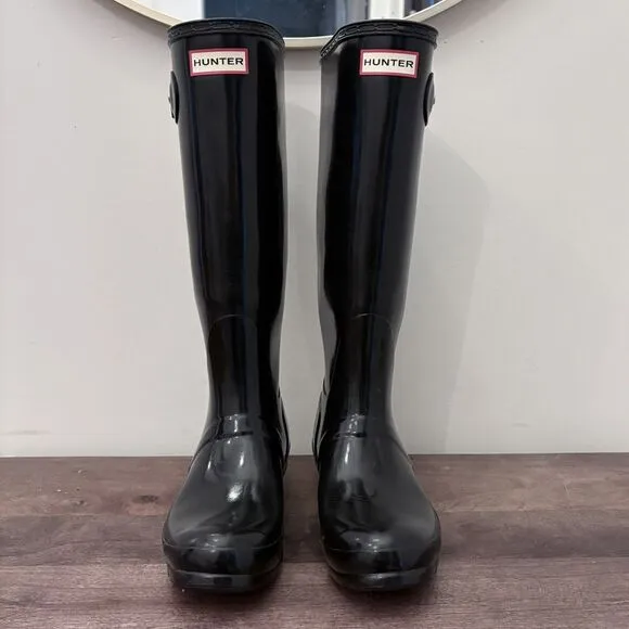 Hunter Original Tall Gloss Rain Boots Womens 7 US Black 100% Waterproof Shiny