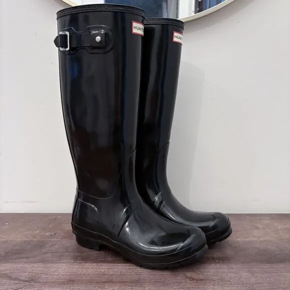 Hunter Original Tall Gloss Rain Boots Womens 7 US Black 100% Waterproof Shiny