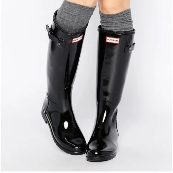 Hunter Original Tall Gloss Rain Boots Womens 7 US Black 100% Waterproof Shiny