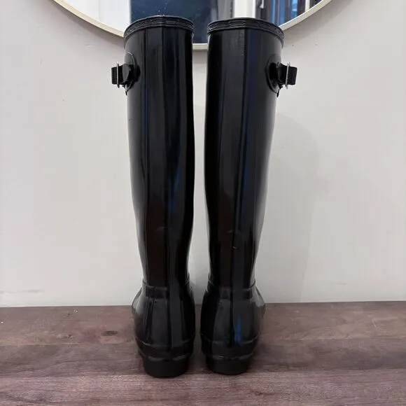 Hunter Original Tall Gloss Rain Boots Womens 7 US Black 100% Waterproof Shiny