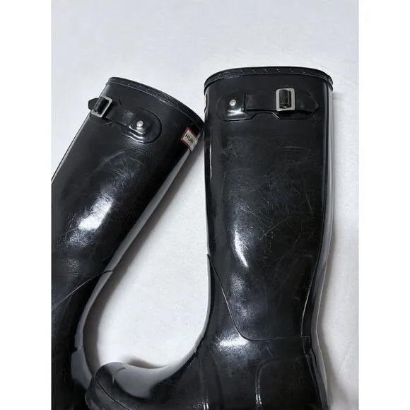 Hunter Original Tall Gloss Rain Boots Womens 7 US Black 100% Waterproof Shiny