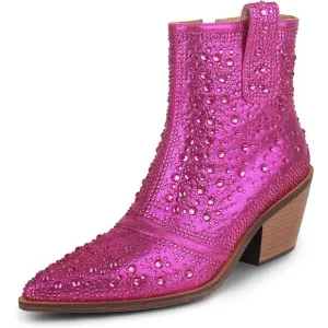 ISNOM Rhinestone Cowboy Sparkly Ankle Boots with Pointed Toe and Chunky Heel