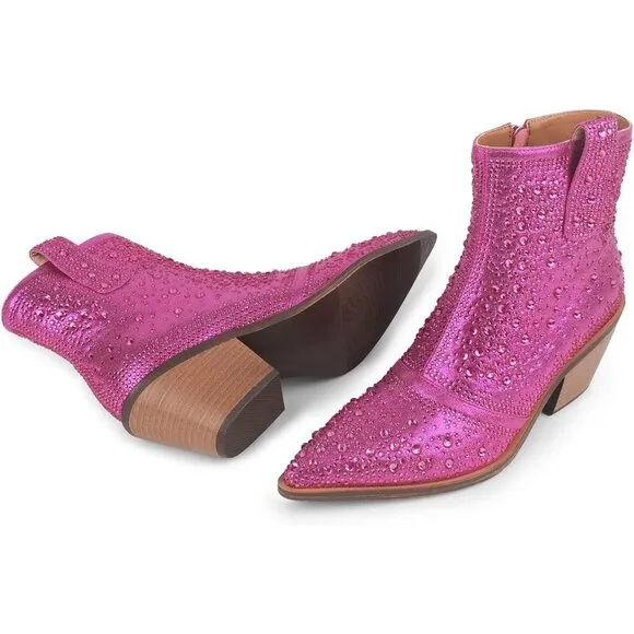 ISNOM Rhinestone Cowboy Sparkly Ankle Boots with Pointed Toe and Chunky Heel