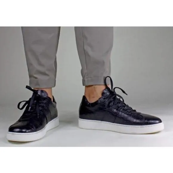 Italian Handmade Men's Leather Sneaker/ Brian Black Crocodile Printed Sneakers /