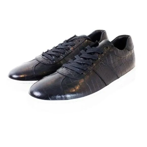 Italian Handmade Men's Leather Sneaker/ Brian Black Crocodile Printed Sneakers /