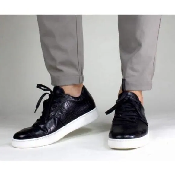 Italian Handmade Men's Leather Sneaker/ Brian Black Crocodile Printed Sneakers /