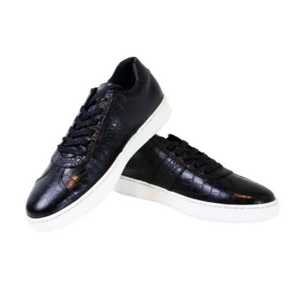 Italian Handmade Men's Leather Sneaker/ Brian Black Crocodile Printed Sneakers /
