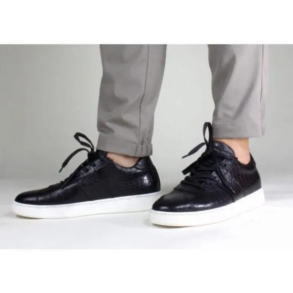 Italian Handmade Men's Leather Sneaker/ Brian Black Crocodile Printed Sneakers /
