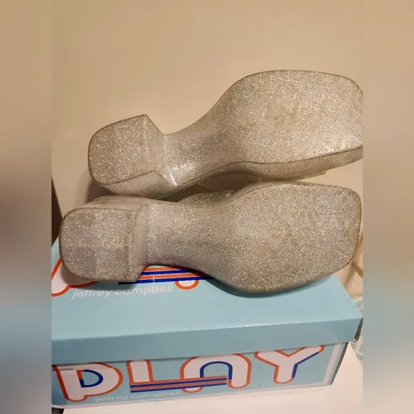 Jeffrey Campbell &quot;Bubblegum&quot; Silver Glitter Platform Plastic Sandals Sz.9 Ret$89