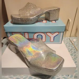 Jeffrey Campbell &quot;Bubblegum&quot; Silver Glitter Platform Plastic Sandals Sz.9 Ret$89