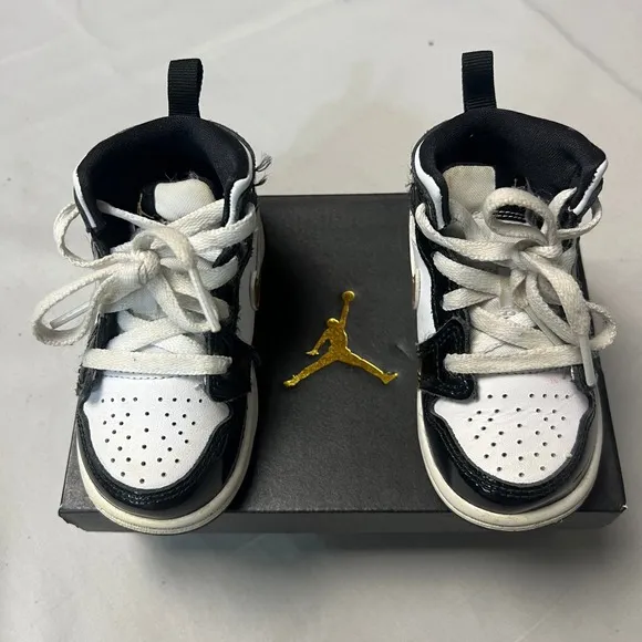 Jordan 1 Mid SE (TD) Black Gold Swoosh White Toddler Sneakers Shoes Size 6C