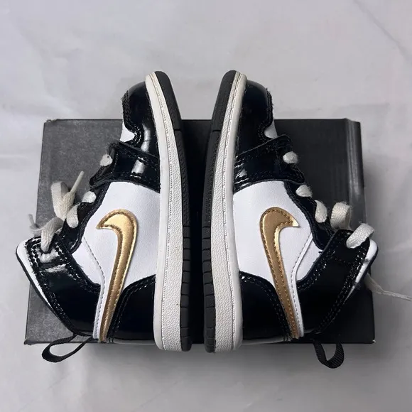 Jordan 1 Mid SE (TD) Black Gold Swoosh White Toddler Sneakers Shoes Size 6C