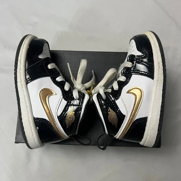 Jordan 1 Mid SE (TD) Black Gold Swoosh White Toddler Sneakers Shoes Size 6C