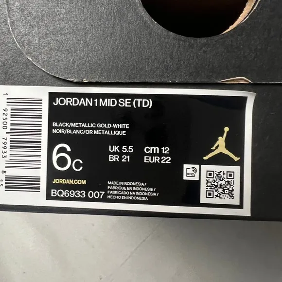 Jordan 1 Mid SE (TD) Black Gold Swoosh White Toddler Sneakers Shoes Size 6C