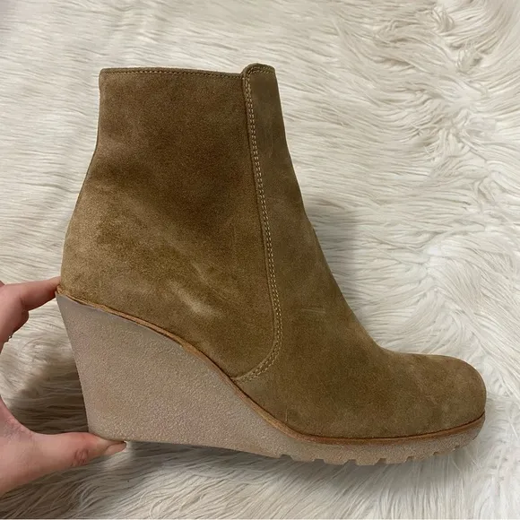 La Canadienne Tan Suede Leather Krista Waterproof Wedge Bootie Boots