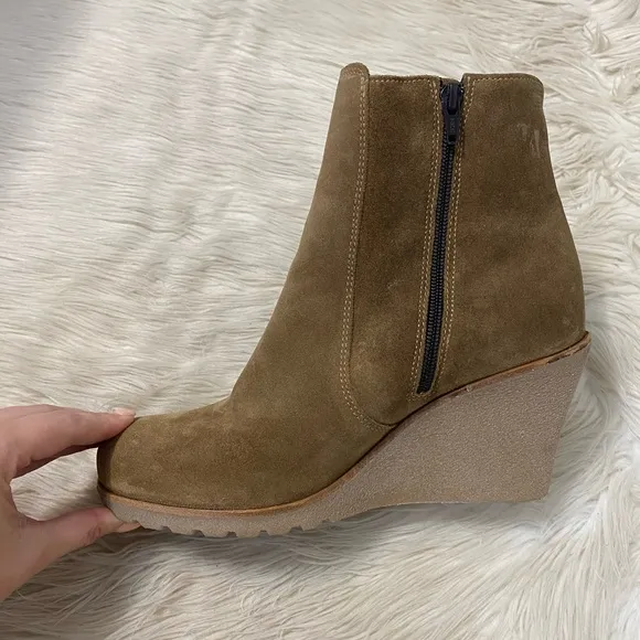 La Canadienne Tan Suede Leather Krista Waterproof Wedge Bootie Boots
