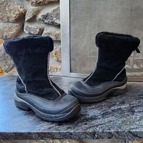 Lands End Black Suede Faux Fur Waterproof Winter Pull On Boots Size 8.5