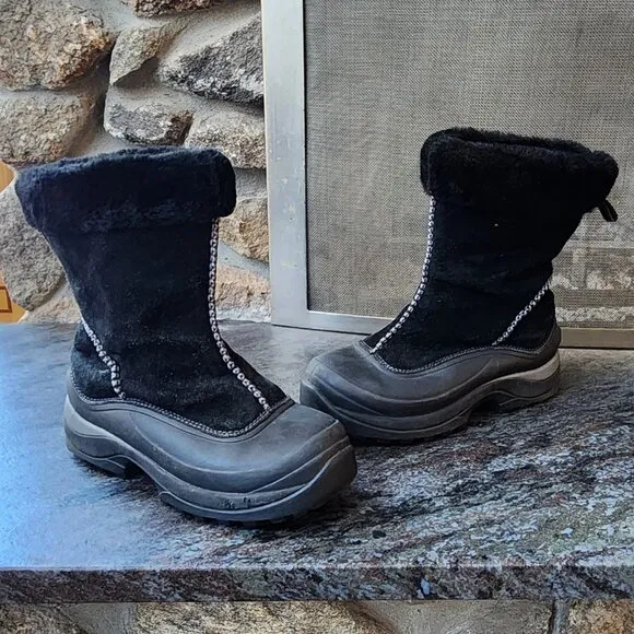 Lands End Black Suede Faux Fur Waterproof Winter Pull On Boots Size 8.5