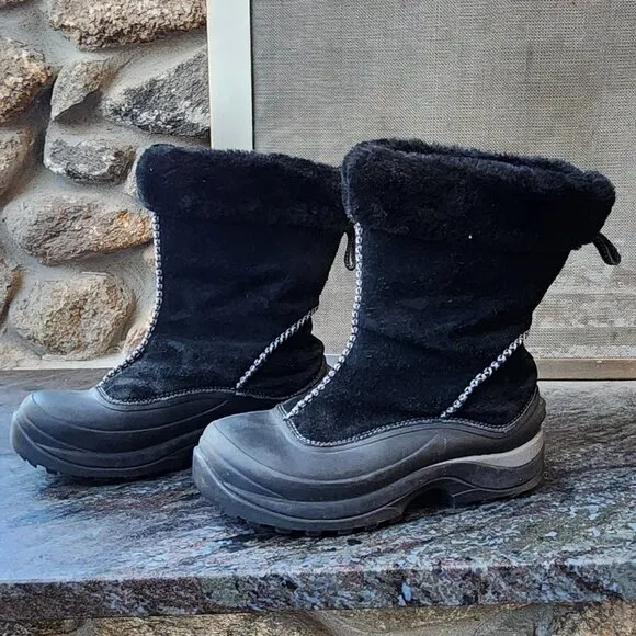 Lands End Black Suede Faux Fur Waterproof Winter Pull On Boots Size 8.5