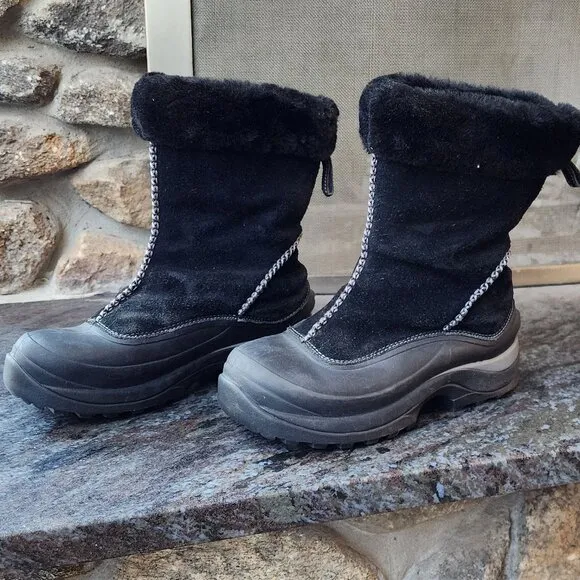 Lands End Black Suede Faux Fur Waterproof Winter Pull On Boots Size 8.5