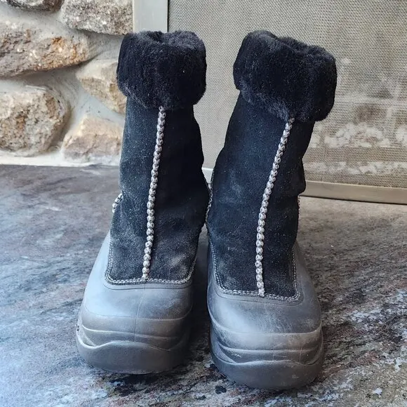 Lands End Black Suede Faux Fur Waterproof Winter Pull On Boots Size 8.5