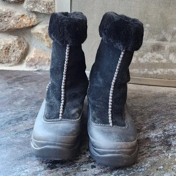 Lands End Black Suede Faux Fur Waterproof Winter Pull On Boots Size 8.5