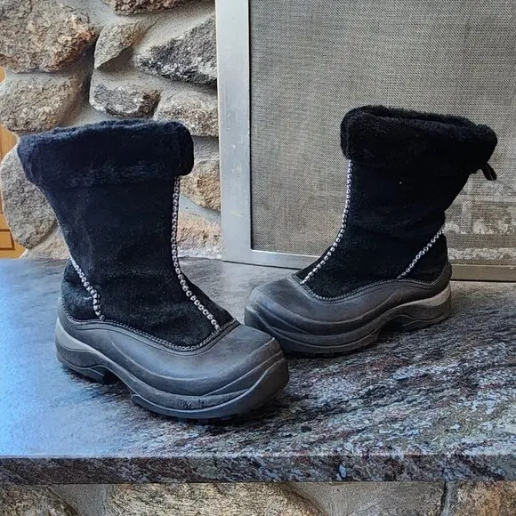 Lands End Black Suede Faux Fur Waterproof Winter Pull On Boots Size 8.5