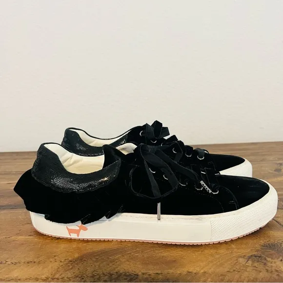 L’Autre Chose Made in Italy Black Ruffled Velvety Lace-Up Sneakers Size 37/US 7