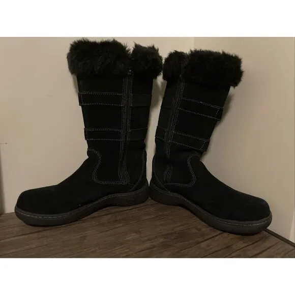 LL Bean Nordic Waterproof Winter Boots - Black Faux Fur Suede Women's Size 7.5