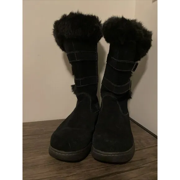 LL Bean Nordic Waterproof Winter Boots - Black Faux Fur Suede Women's Size 7.5