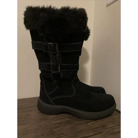 LL Bean Nordic Waterproof Winter Boots - Black Faux Fur Suede Women's Size 7.5