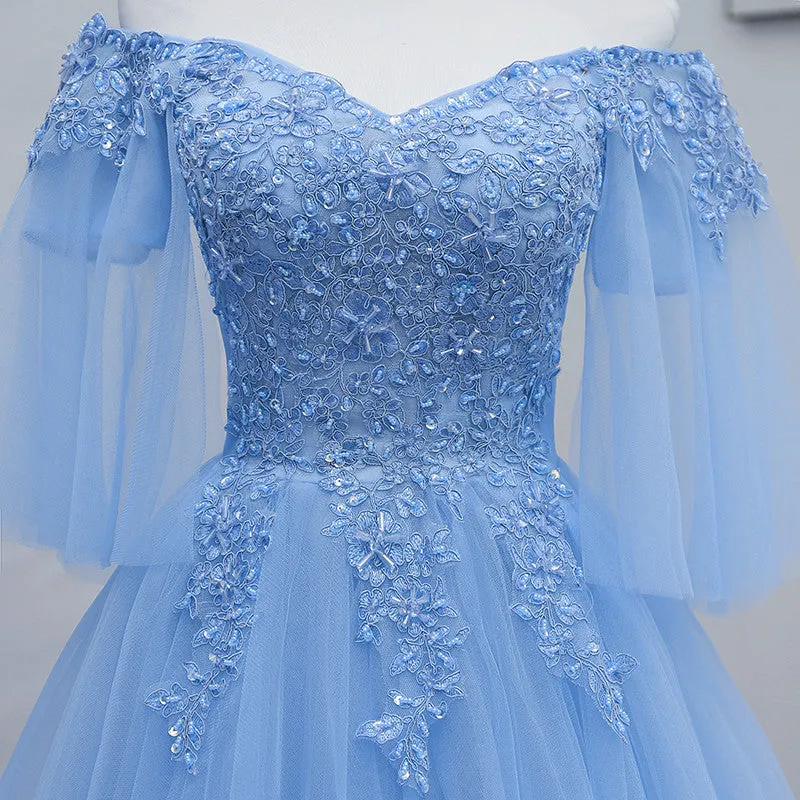 Lovely Light Blue with Lace Off Shoulder Short Prom Dress, Blue Homecoming Dresses