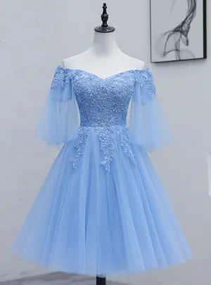 Lovely Light Blue with Lace Off Shoulder Short Prom Dress, Blue Homecoming Dresses
