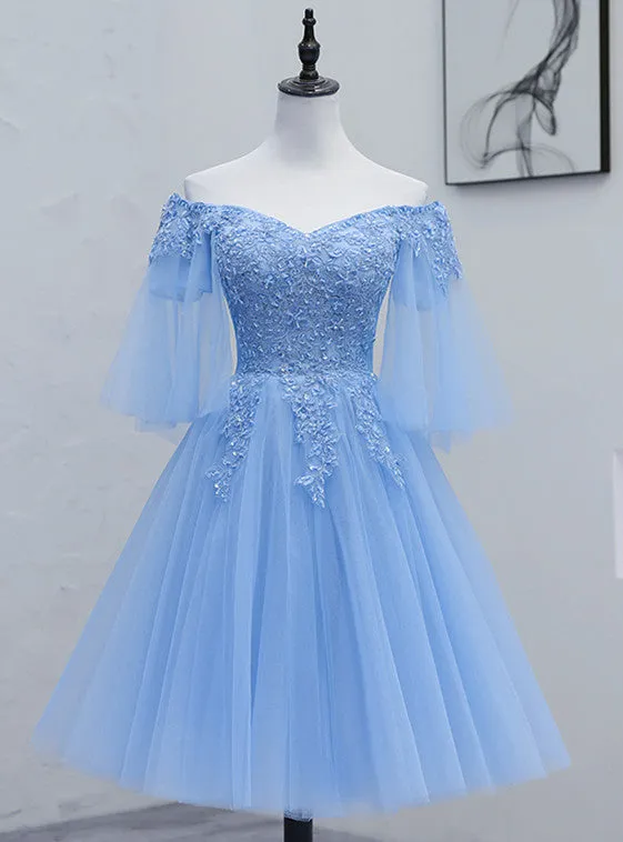 Lovely Light Blue with Lace Off Shoulder Short Prom Dress, Blue Homecoming Dresses