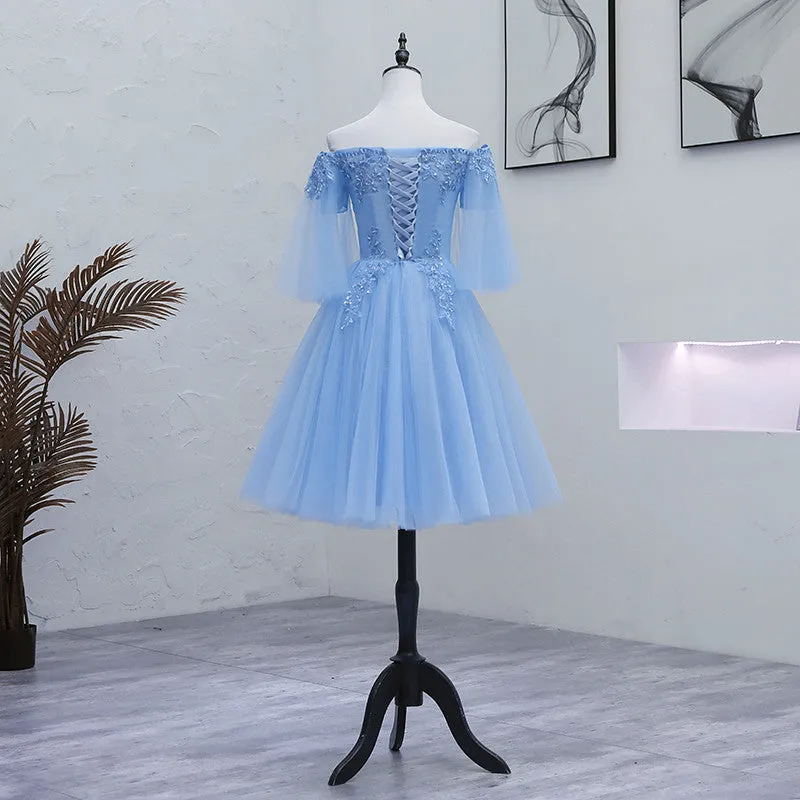 Lovely Light Blue with Lace Off Shoulder Short Prom Dress, Blue Homecoming Dresses