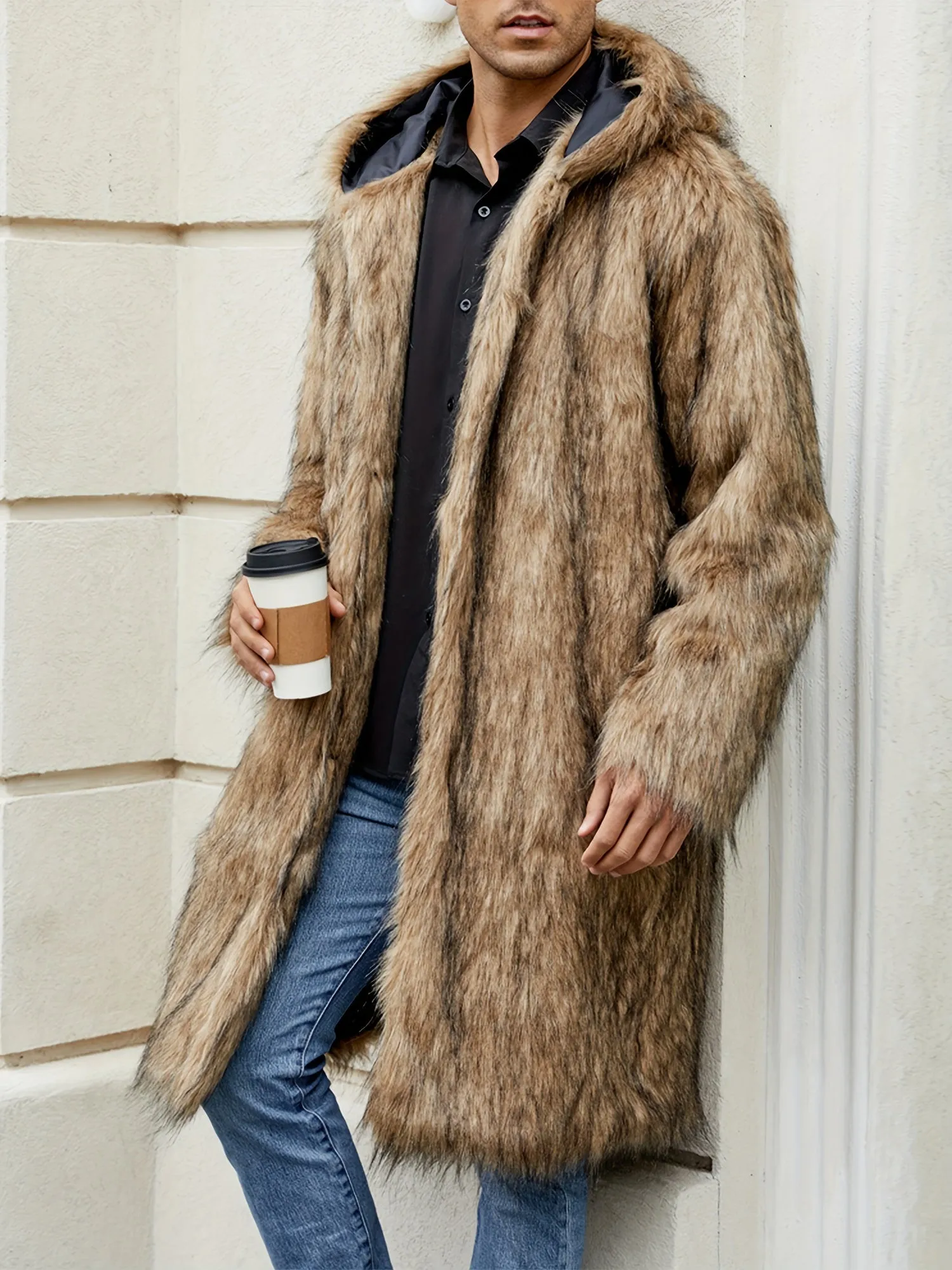 Mens Warm Thicken Faux Fur Hooded Coat