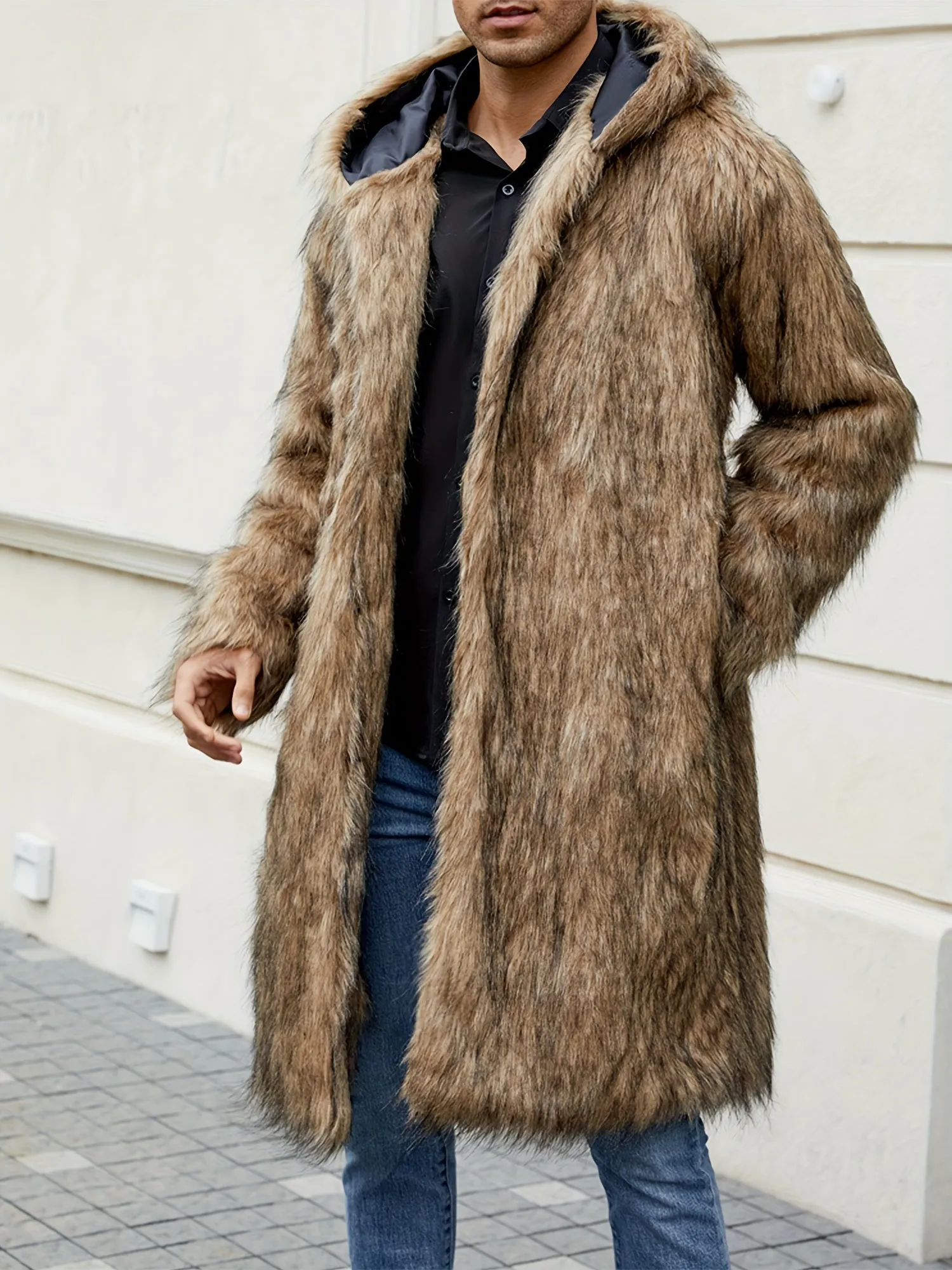 Mens Warm Thicken Faux Fur Hooded Coat