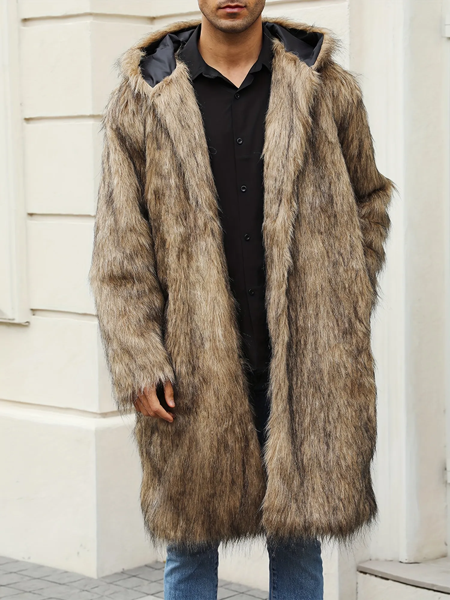Mens Warm Thicken Faux Fur Hooded Coat