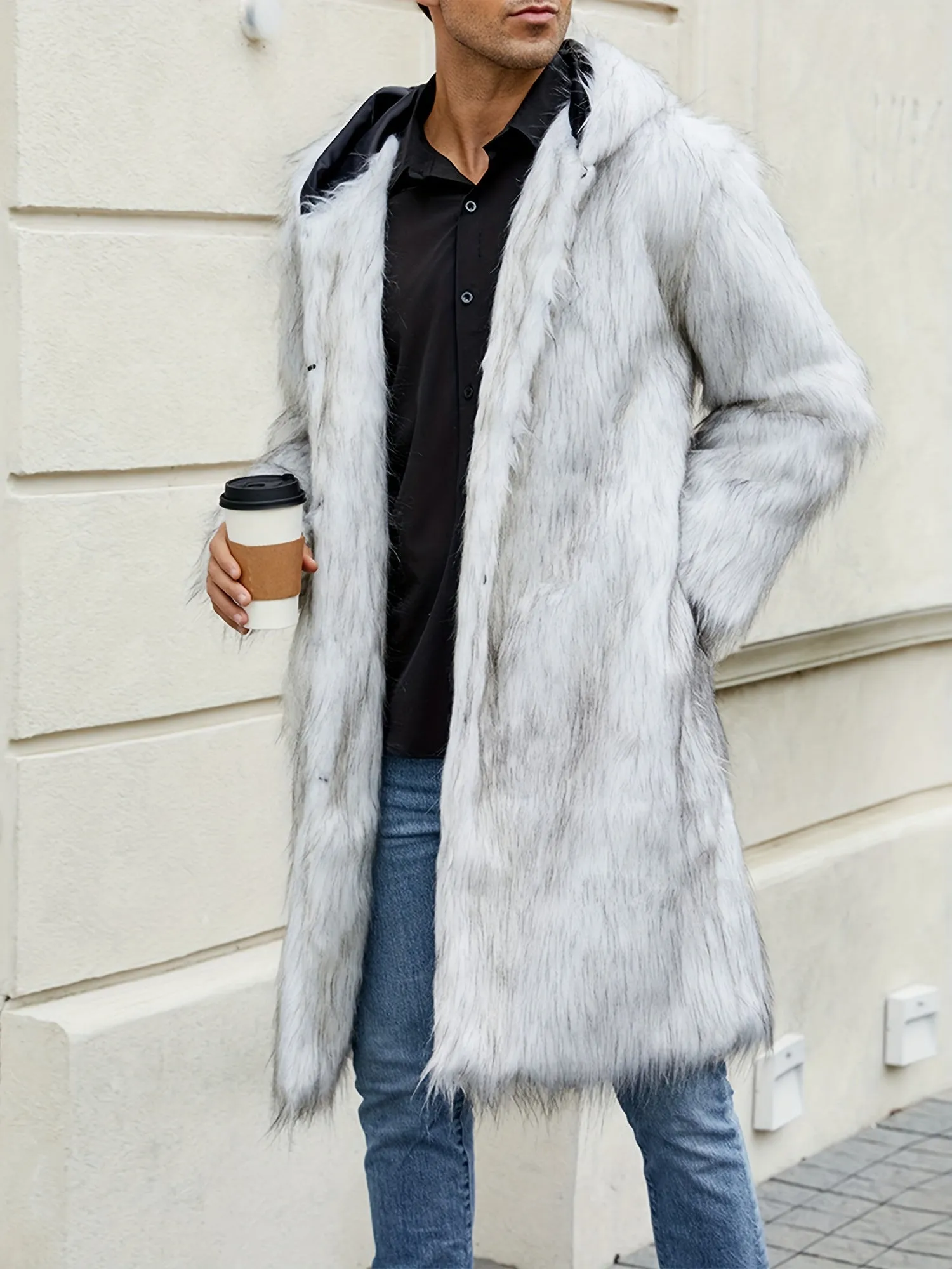 Mens Warm Thicken Faux Fur Hooded Coat