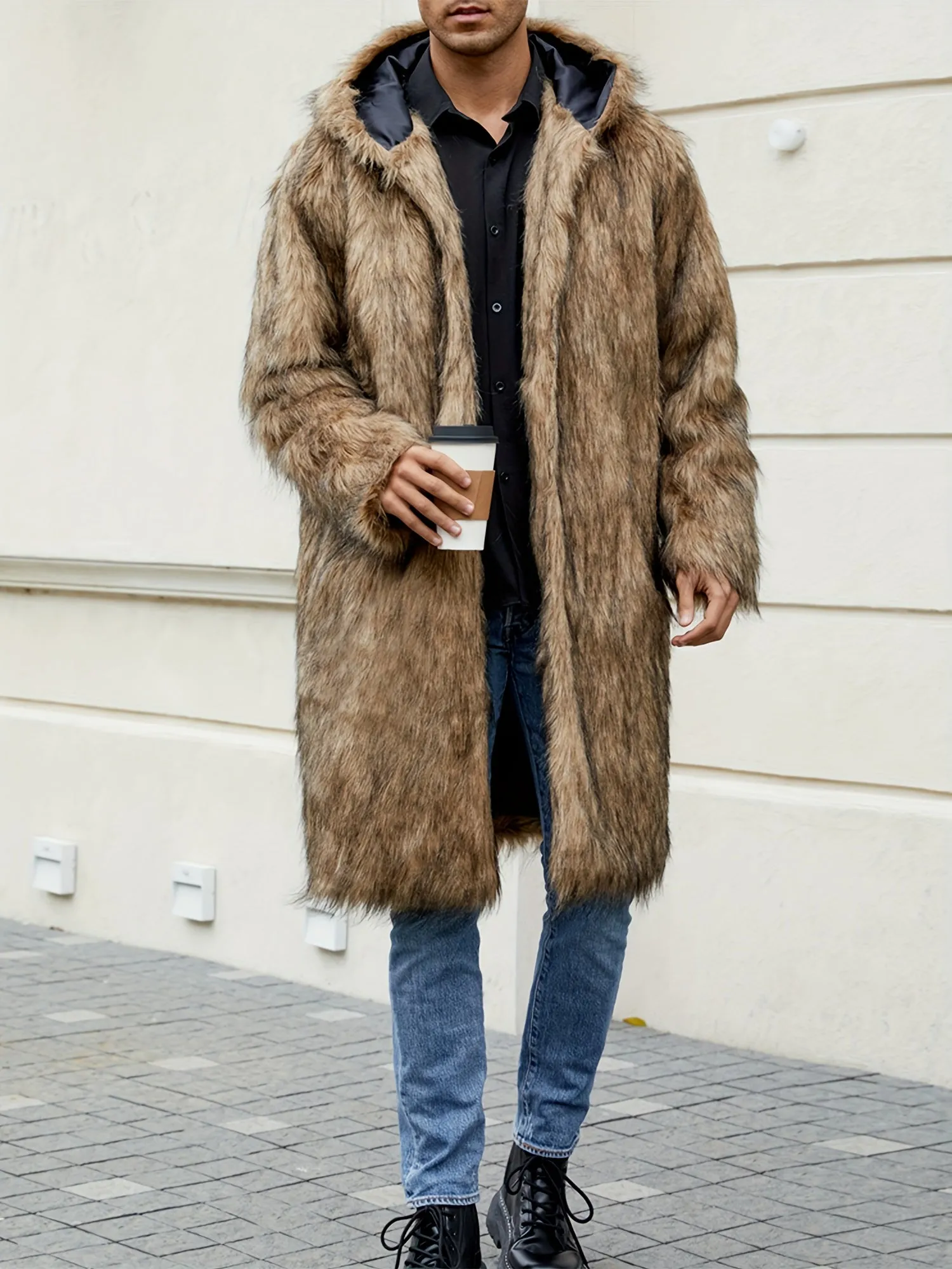 Mens Warm Thicken Faux Fur Hooded Coat