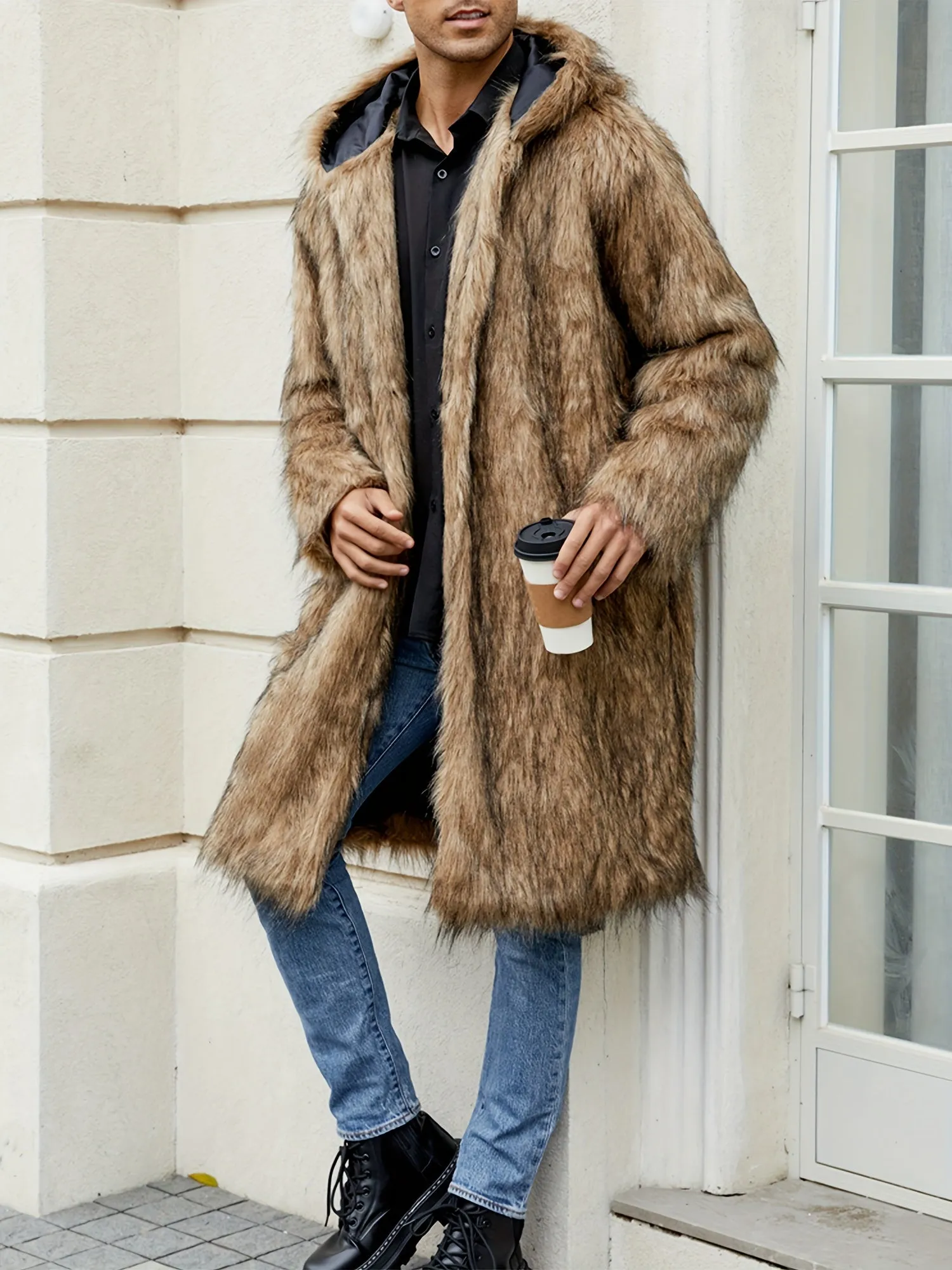 Mens Warm Thicken Faux Fur Hooded Coat
