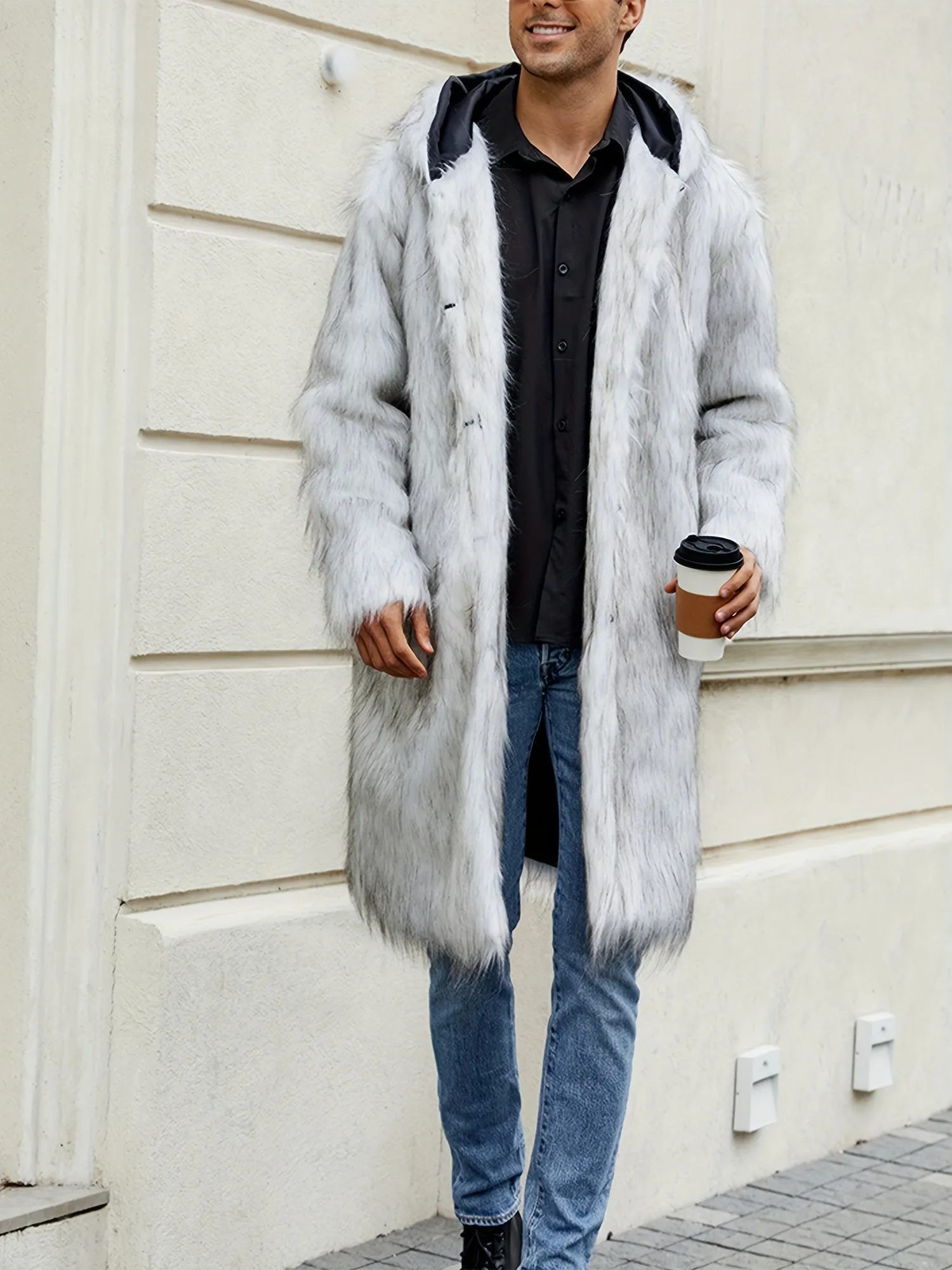 Mens Warm Thicken Faux Fur Hooded Coat
