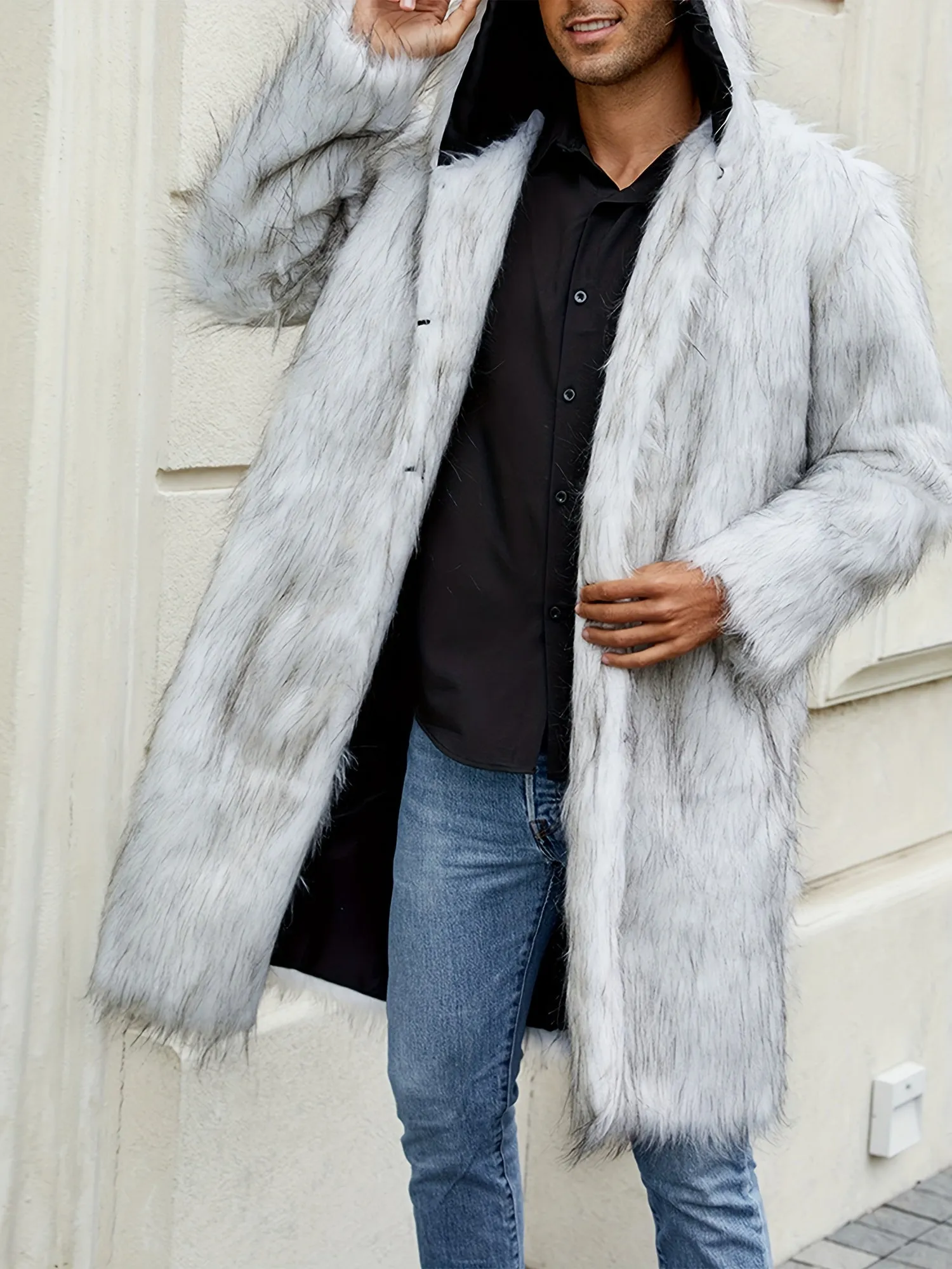 Mens Warm Thicken Faux Fur Hooded Coat