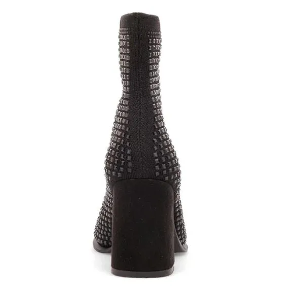 MIA Shoes Piana Block-Heel Rhinestone Knit Booties in Black NEW Size 6.5