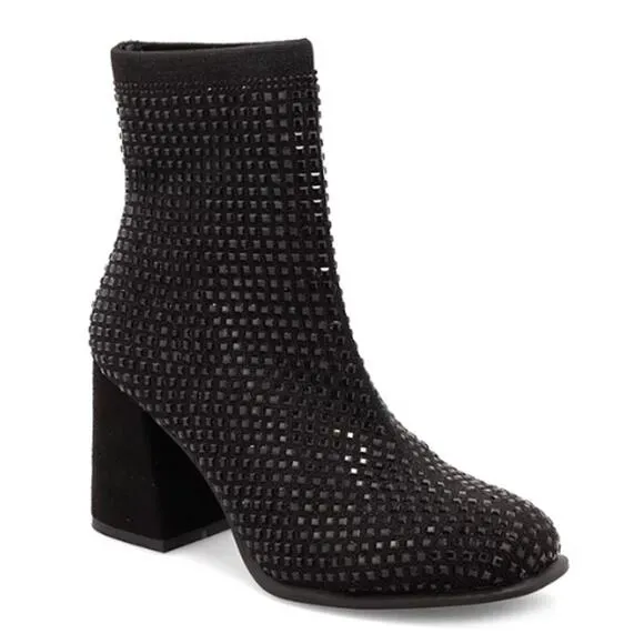 MIA Shoes Piana Block-Heel Rhinestone Knit Booties in Black NEW Size 6.5