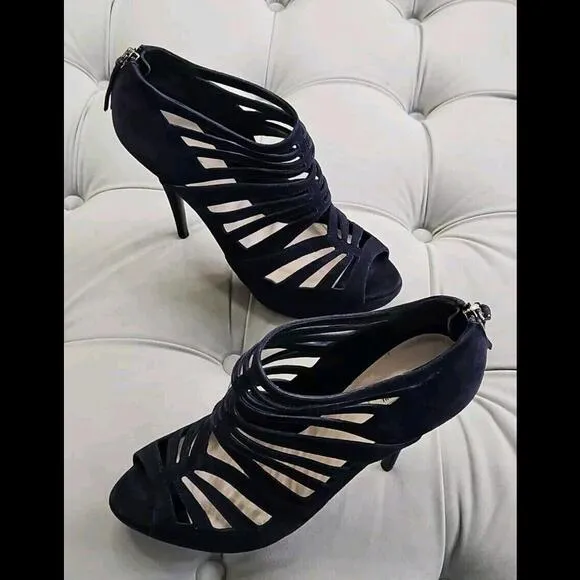 MIU MIU Blue Suede Cage Cutout Peep Toe Stilettos Heels Booties Shoes 40.5 9.5