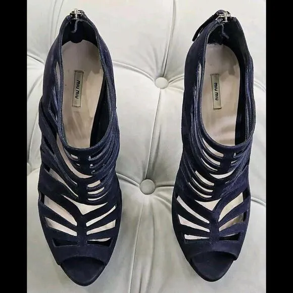 MIU MIU Blue Suede Cage Cutout Peep Toe Stilettos Heels Booties Shoes 40.5 9.5