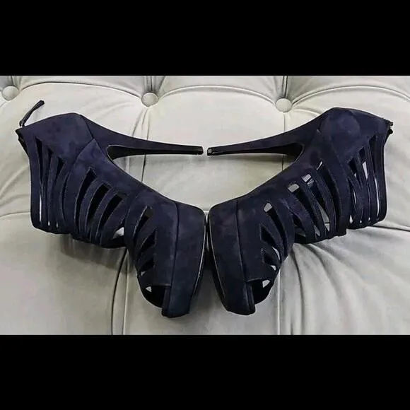 MIU MIU Blue Suede Cage Cutout Peep Toe Stilettos Heels Booties Shoes 40.5 9.5