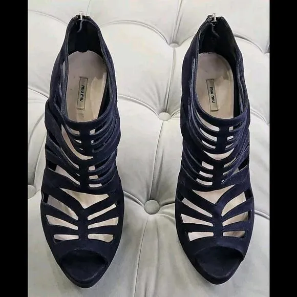 MIU MIU Blue Suede Cage Cutout Peep Toe Stilettos Heels Booties Shoes 40.5 9.5